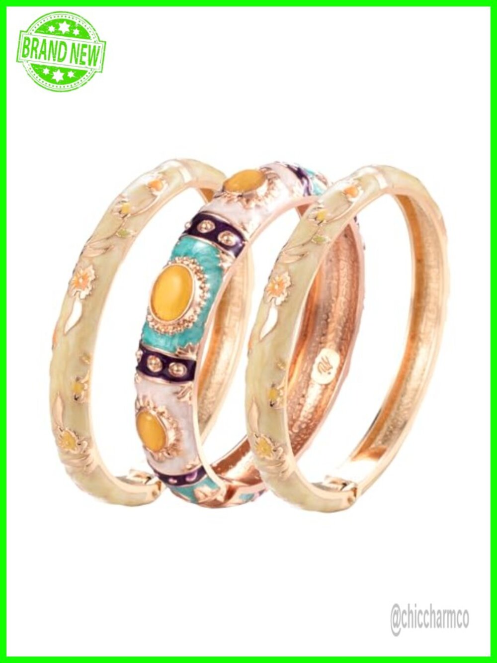 Gold Plated Enamel Hinged Cuff Bangle Bracelet Set 2pc
